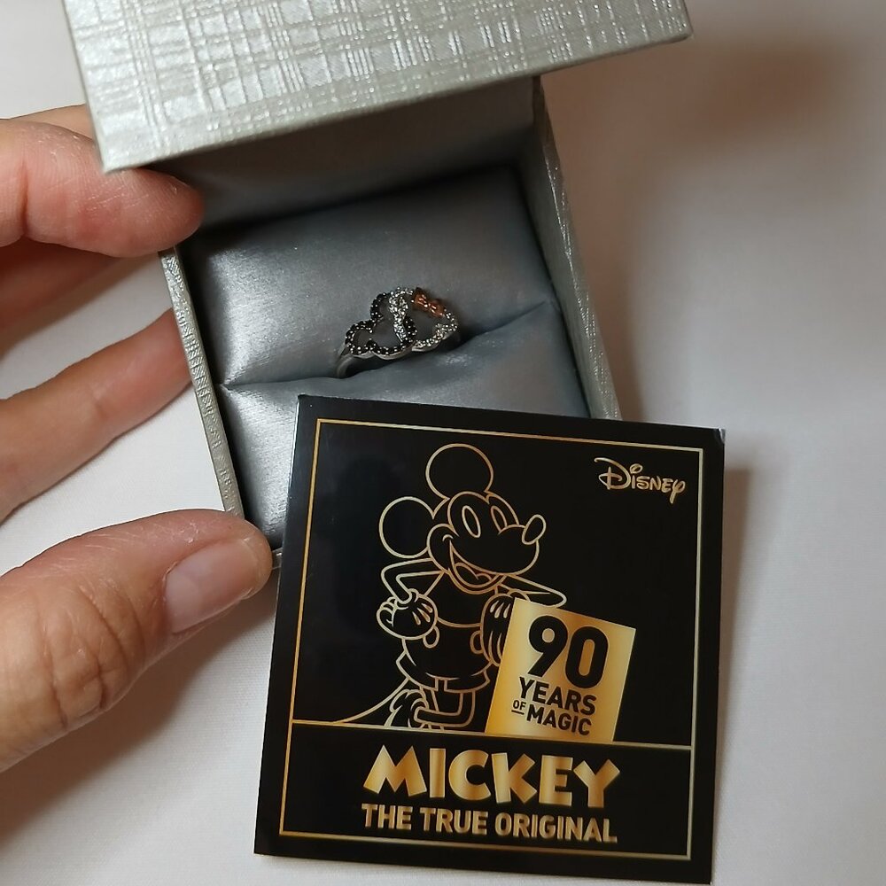 Black White Diamond 925 SS Mickey Minnie Ring